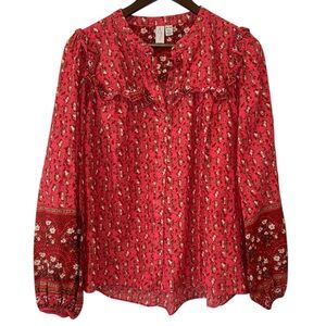 Joie Pink Floral Ruffle Yoke Long Sleeve Peasant Top Cottagecore​​​​​​​ Sz XL